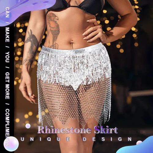 Vista 5 de Nicute Falda de lentejuelas con flecos, falda de danza del vientre, falda de malla brillante para festivales rave, disfraz para mujeres y niñas