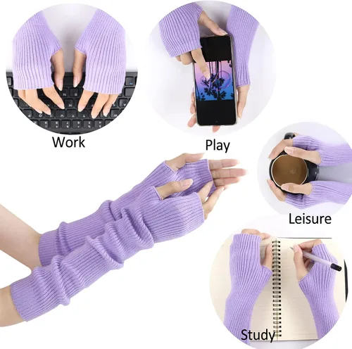 Vista 46 de Facecozy Calentadores de brazos para mujer, mezcla de lana de cachemira, guantes largos sin dedos para mujer, guantes para clima frío con agujero