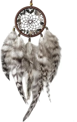 Vista 9 de Mini atrapasueños – Pluma de pollo con ágata gris, pequeño atrapasueños hecho a mano para dormitorio, un atrapasueños para niñas y niños, decoración