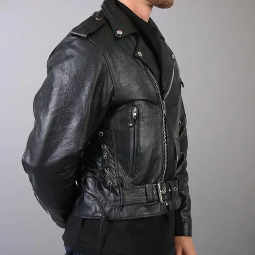 Vista 3 de Chaqueta para motocicleta negra clásica Hot Leathers con revestimiento y cierre externo