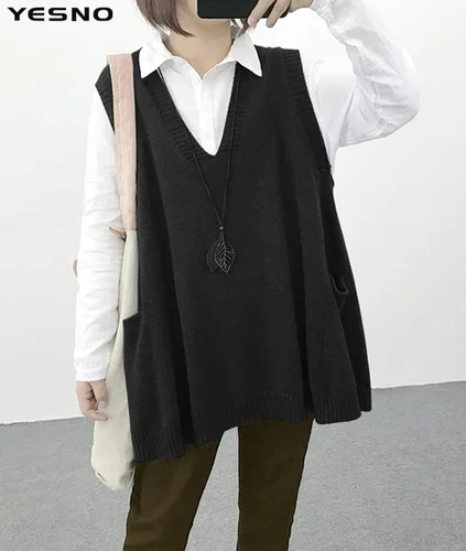 Vista 3 de YESNO Sweater Vest Women Loose Swing Cotton Cute Oversized Knit Pullover Sleeveless Sweater Tops with Drop Pockets WM9