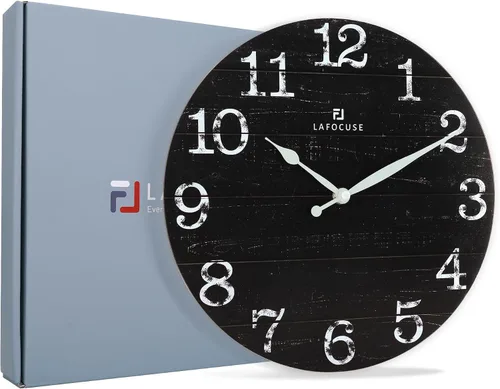 Vista 7 de Lafocuse Relojes de pared negros silenciosos de 12 pulgadas para decoración de cocina, sala de estar, reloj de pared rústico de madera, funciona