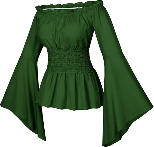 Vista 7 de Conjunto de blusa estilo renacentista victoriana campesina con volantes y cintura fruncida estilo bohemio pirata con cinturón