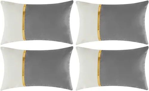 Vista 18 de Fancy Homi Paquete de 4 fundas de almohada decorativas para sala de estar, sofá cama, retazos de terciopelo con cuero dorado, decoración moderna