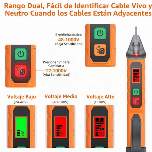 Vista 4 de Probador de Voltaje sin Contacto Proster - Detector de Voltaje AC Ajustable, Probador de Voltaje Eléctrico 12-1000V/48-1000V con Linterna LED