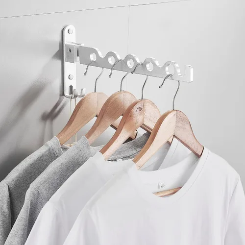 Vista 8 de Tendedero de secado de ropa montado en la pared para organización y almacenamiento de ropa de lavandería, estante de aluminio para secadora con dos