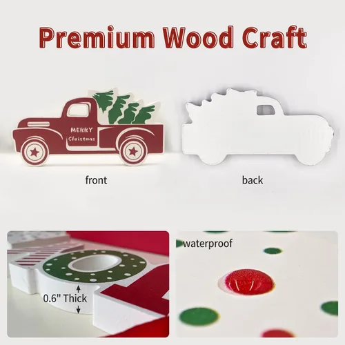 Vista 9 de 4 piezas de decoración de mesa de Navidad para interiores, camión rojo de madera, bandeja escalonada de invierno, decoración rústica de árbol