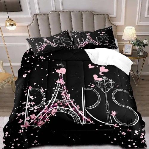 Vista 12 de LUVIVIHOME Juego de edredón de París de 2 piezas, tamaño individual, juego de ropa de cama de la Torre Eiffel francesa, juego de ropa de cama