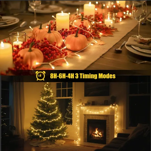 Vista 3 de Luces de Navidad con 8 modos de iluminación, 200 luces LED de 66 pies con control remoto, cadena de luces recargables para exteriores, decoraciones