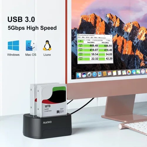 Vista 4 de MAIWO Estación de acoplamiento de disco duro externo con clon offline para 2.5/3.5" SATA HDD/SSD, 5Gbps con UASP, capacidad de 48 TB, duplicador
