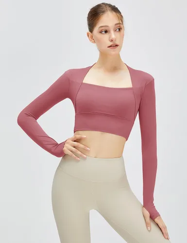 Vista 5 de Micoson Camisetas de entrenamiento de manga larga para mujer, camiseta de compresión atlética para yoga, con agujero para el pulgar