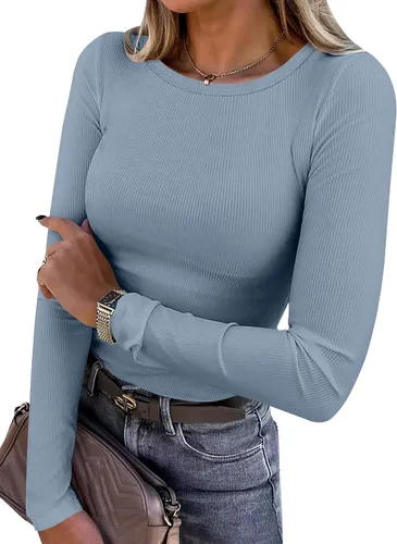 Vista 33 de ANRABESS - Camisetas de manga larga para mujer, de punto acanalado, ajustadas, básicas, 2025, informales, para usar a capas o debajo del uniforme