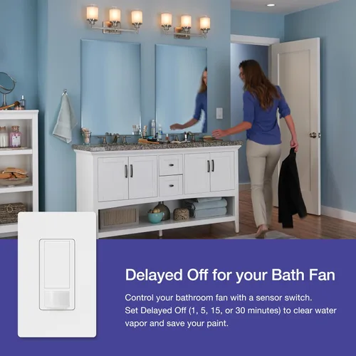 Vista 9 de Lutron Maestro Interruptor de luz con sensor de movimiento y placa de pared para baño, garaje, lavandería, cualquier bombilla, sensor de ocupación