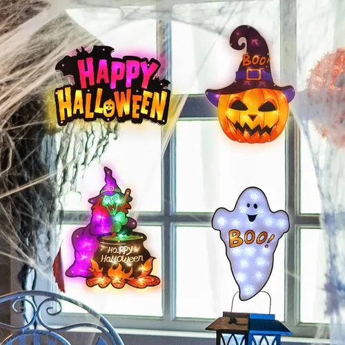 Vista 4 de LAMPHOME Paquete de 4 fantasmas iluminados con LED, letrero de Happy Halloween, bruja, Jack-O-Lantern de Halloween, decoración de ventana iluminada