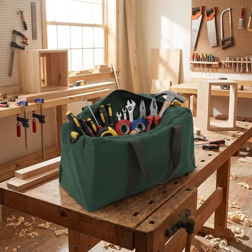 Vista 4 de Bolsa de herramientas de mano de boca ancha, impermeable, resistente, gran capacidad, con cremallera, portátil, de lona, para electricista