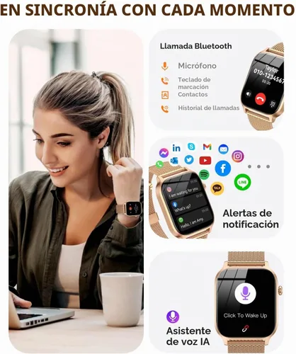 Vista 2 de Relojes inteligentes para mujer (llamadas/recordatorios), reloj inteligente HD de 1.85 pulgadas para teléfonos Android y iPhone compatible, más