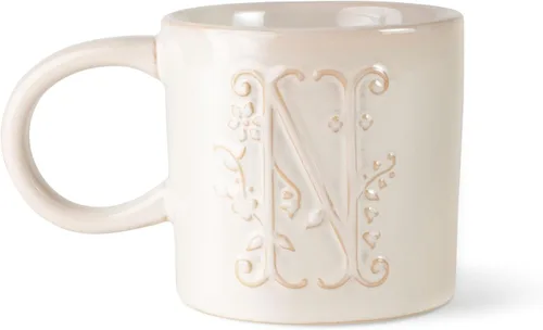 Vista 13 de Fringe Studio Taza Redonda de Gres, Monograma Floral Letra "E" 3.38" DIA. X 3.5"H, 14 fl.oz., con Asa Dorada Pintada a Mano (428047)