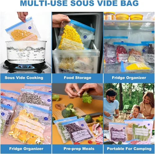 Vista 5 de Sous Vide - Bolsas de sellado al vacío reutilizables de 8 x 9 pulgadas para alimentos, bolsa selladora con cremallera al vacío con bomba de mano