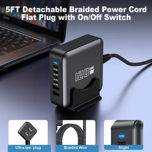 Vista 2 de Bloque de cargador rápido USB C, adaptador de concentrador de estación de carga de 120 W, 6 puertos, cargador múltiple de pared USB C con Negro