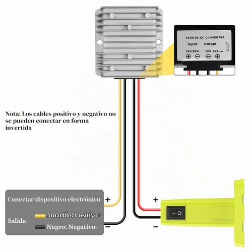 Vista 2 de Convertidor de reducción de 18V a 12V Adaptador para batería Ryobi 18V Convertidor de voltaje DC Regulador de voltaje 15A MAX 180W Convertidor Buck