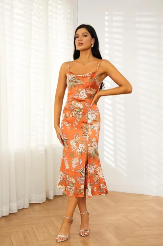 Vista 5 de Tsher - Vestido de satén con cuello vuelto y tirantes delgados para mujer, vestido de fiesta de invitados de boda, espalda descubierta, vestido