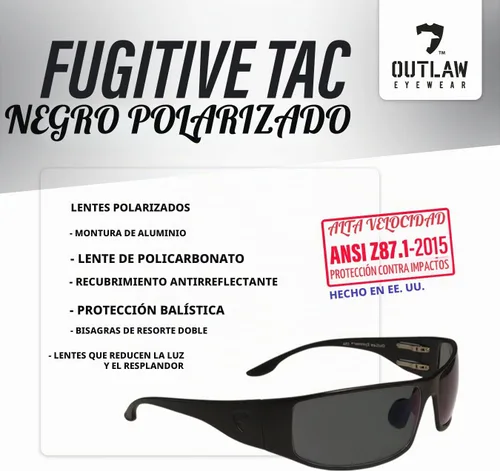 Vista 3 de OutLaw Eyewear Fugitive - Gafas de sol tácticas de aluminio y motocicleta, ANSI Z87.1 Protección contra impactos EE. UU Negro