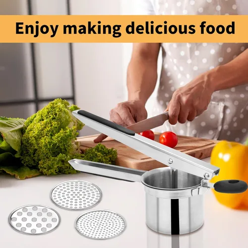 Vista 7 de Ricer de papas grande de 15 onzas con 3 discos intercambiables, de acero inoxidable resistente para puré de papas, herramienta de cocina con mango