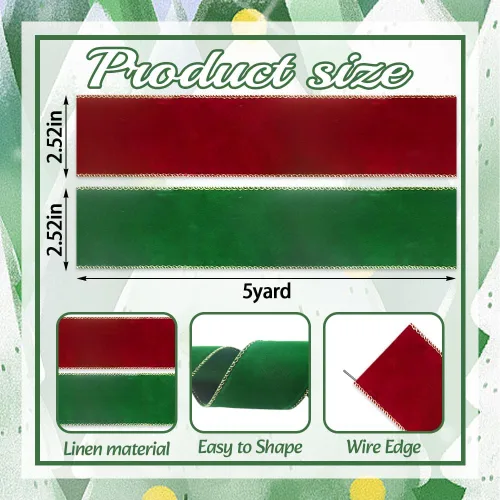 Vista 2 de 2 rollos de cintas de terciopelo rojo y verde de Navidad de 2.5 pulgadas x 5 yardas para manualidades, cinta de borde con alambre de Navidad
