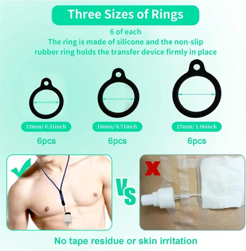 Vista 4 de 6 cordones de diálisis peritoneal, accesorios de diálisis peritoneal con 18 anillos de silicona (3 tamaños), cordón ajustable para el cuello