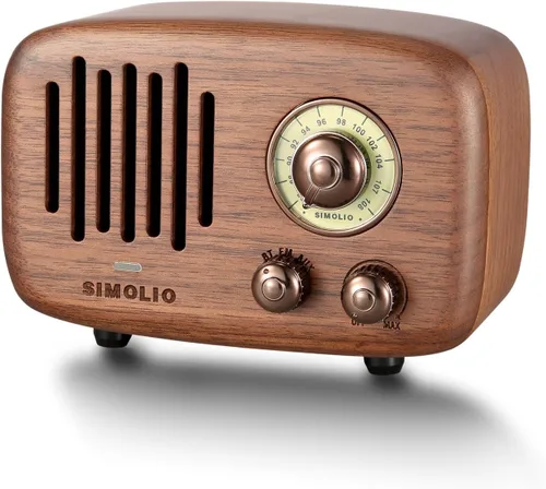 Vista 8 de SIMOLIO Altavoces Bluetooth retro de radio vintage, fuerte y potente sonido estéreo de 2 x 8 W, altavoz de madera de nogal negro natural con radio