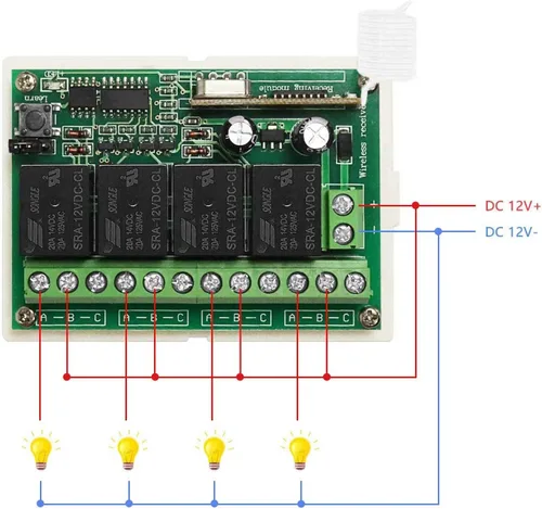 Vista 5 de Interruptor Remoto de Relé de 12V Interruptor de Control Remoto Inalámbrico RF Módulo de Relé de 4 Canales Transmisor de 433Mhz Kit Receptor