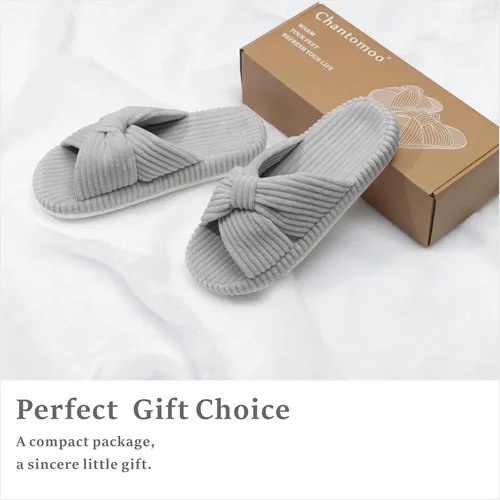 Vista 5 de Chantomoo Pantuflas para mujer, de espuma viscoelástica, para el dormitorio, con lazo de pana, con bandas cruzadas, cómodas, modernas, para regalo