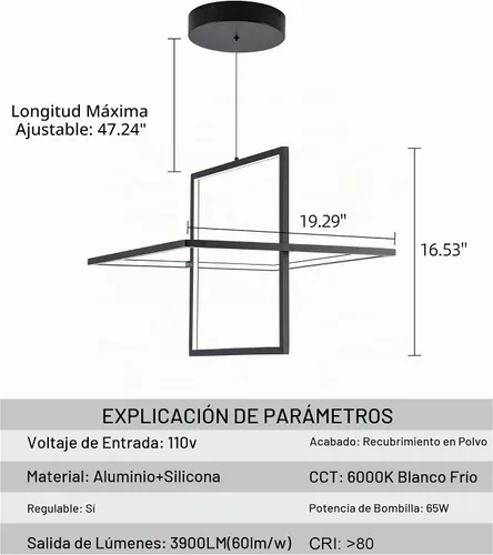 Vista 4 de Lámpara de araña LED moderna cuadrada, color negro, 65 W
