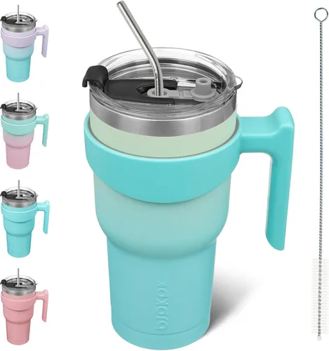 Vista 61 de BJPKPK Mini vaso de 10 onzas con tapa, popote y asa, taza de acero aislada