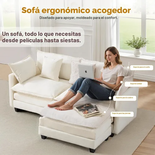 Vista 6 de Cloud Sofá de felpilla en forma de L con otomana, sofá biplaza seccional de 77 pulgadas que ahorra espacio con diván, para espacios pequeños, fácil
