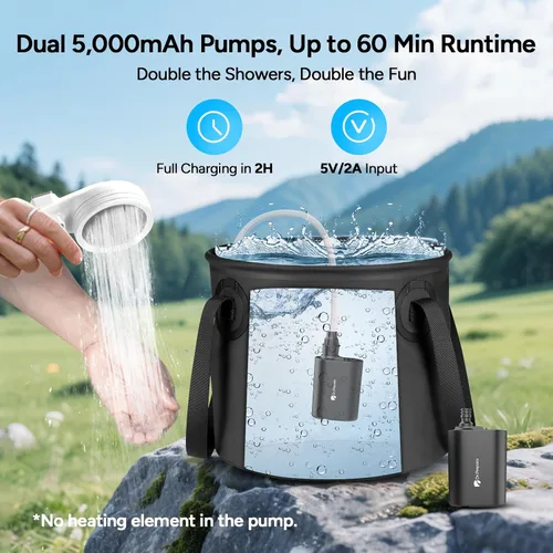 Vista 3 de DR.PREPARE Ducha portátil, bombas de ducha dobles para campamento, 2 × 5000 mAh, motor de 11,000 rpm, flujo de 1.32 galones/min, boquilla