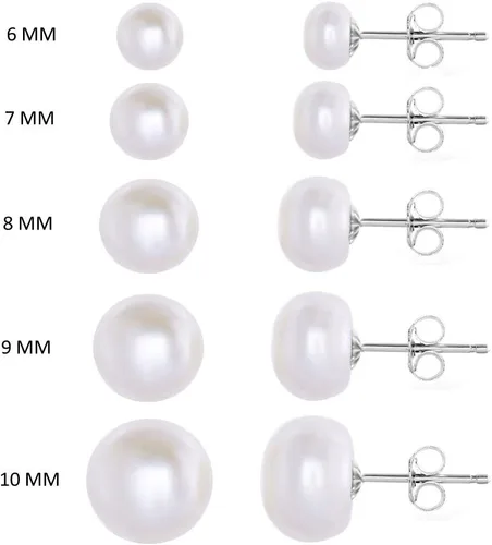 Vista 2 de MABELLA Pendientes de botón de plata de ley 925 AAA auténticos cultivados de agua dulce con perlas blancas y perlas para regalar a las mujeres
