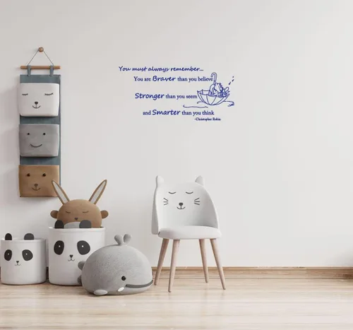 Vista 6 de Wall Decals Quote Winnie Pooh Braver Stronger Smarter Vinyl Sticker Baby Boy Girl Bedroom Nursery Home Decor L343 (56in x 26in, white)