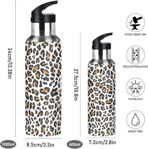 Vista 2 de Botella de agua de acero inoxidable aislada con estampado de leopardo, con popote, 20 onzas, a prueba de fugas, botella de agua deportiva sin BPA
