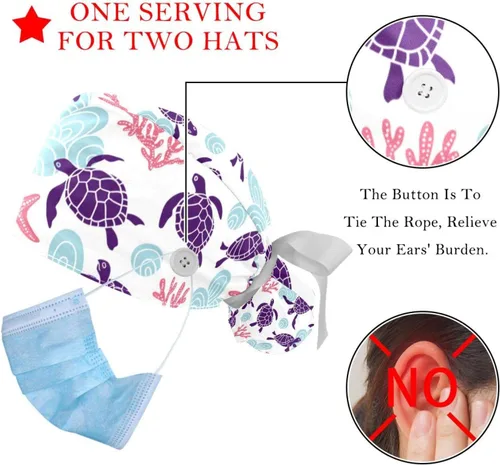 Vista 3 de 2 gorras de trabajo para mujer con botón Ocean Turtle cubierta de pelo largo cinta con cordones