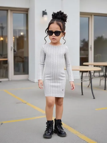 Vista 5 de Vestidos para niñas, Juego de 3 vestidos para niñas pequeñas de manga larga de color sólido, elegantes y casuales, con diseño acanalado, talla 2-8