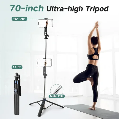 Vista 3 de Trípode selfie stick de 70 pulgadas para iPhone con control remoto, palo selfie extensible para iPhone, trípode portátil para teléfono de viaje