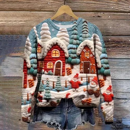 Vista 2 de Sudadera de gran tamaño con estampado 3D para mujer, suéter holgado de Navidad de manga larga con cuello redondo, sudaderas de vacaciones