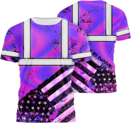 Vista 17 de Camisa de alta visibilidad de calavera con bandera de Estados Unidos para hombres, camisas de seguridad con nombre personalizado, ropa de trabajo