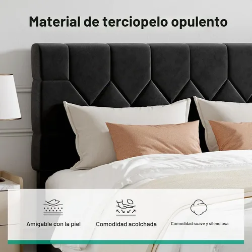 Vista 6 de Novilla - Base de cama Queen con cabecero, base de cama tamaño Queen con soporte de listones de madera, cabecero tapizado de terciopelo con puntos