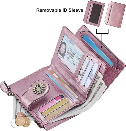 Vista 2 de Lavemi Cartera de piel para mujer, pequeña, compacta, con bloqueo RFID, para tarjetas de crédito, con bolsillo con cremallera