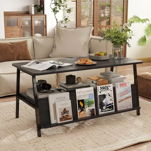 Vista 7 de GOODONE Mesa auxiliar de 2 niveles para sala de estar, mesa de centro pequeña con estante de almacenamiento y estantería, mesa central para sala
