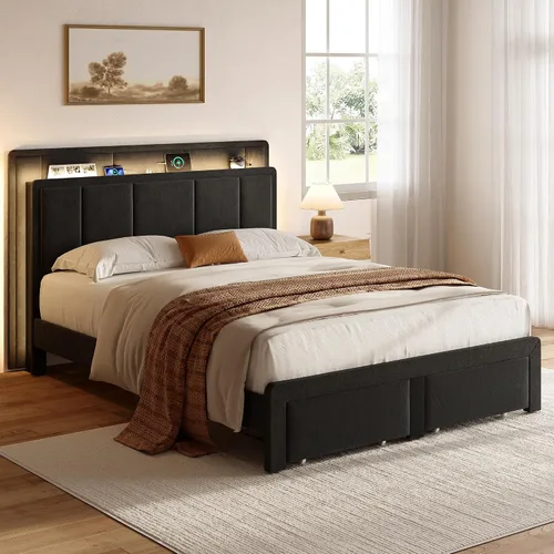 Vista 9 de Base de cama de tamaño matrimonial, cama de plataforma tapizada con 2 cajones de almacenamiento, cabecera de canal vertical de terciopelo con luces