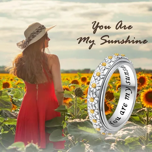Vista 6 de Anillo giratorio para aliviar la ansiedad con margaritas You Are My Sunshine Flower Fidget Ring de plata esterlina TDAH para aliviar el estrés