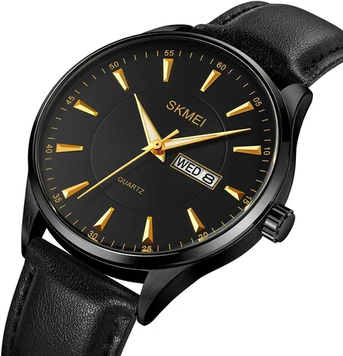 Vista 3 de SKMEI Relojes de cuero negro moda vestido clásico casual simple luz analógica impermeable día fecha calendario papá padres regalos oro reloj